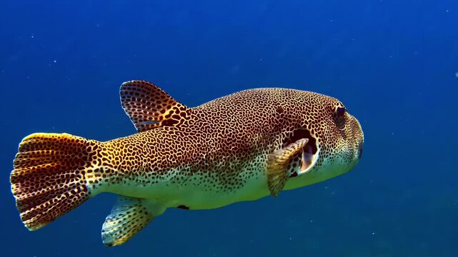 Spotted pufferfish swims underwater near diver in clear blue ocean environment