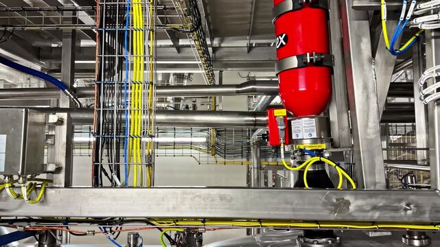 Red industrial tanks and piping system inside factory facility with metal structures