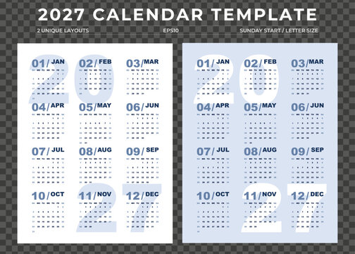 Modern 2027 yearly calendar template, Sunday start, Set of 2 blue vertical layouts