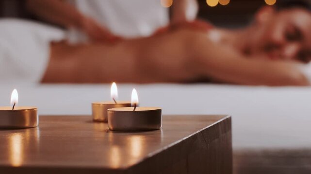 A woman with light skin enjoys a massage in a spa. Soft candles provide warm light. A therapist focuses on the back while relaxing music plays in the background.