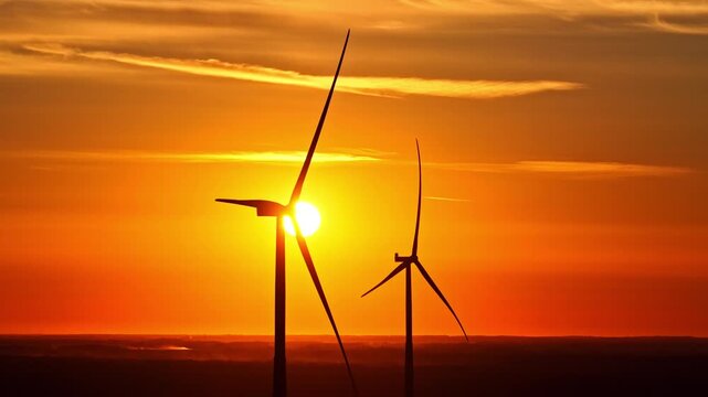 Silhouette Of Wind Turbines Against Vibrant Orange Sunset. drone shot