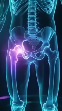 Vertical video: Increasing magenta glow marking left hip in medical 3D view showing pelvic joint