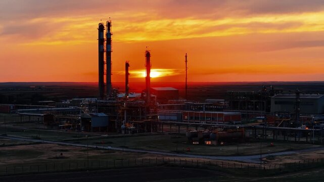 Cinematic aerial view of a petrochemical plant at sunset. Industrial towers, pipelines, and refinery structures stand against a glowing orange sky as warm sunlight reflects across the facility