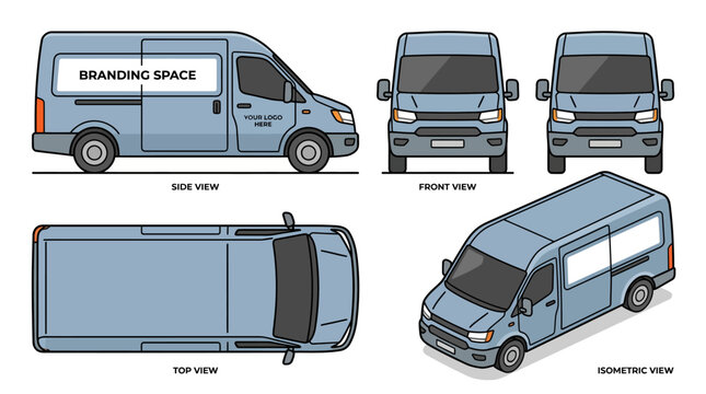 Blue cargo delivery van template for vehicle branding mockup.