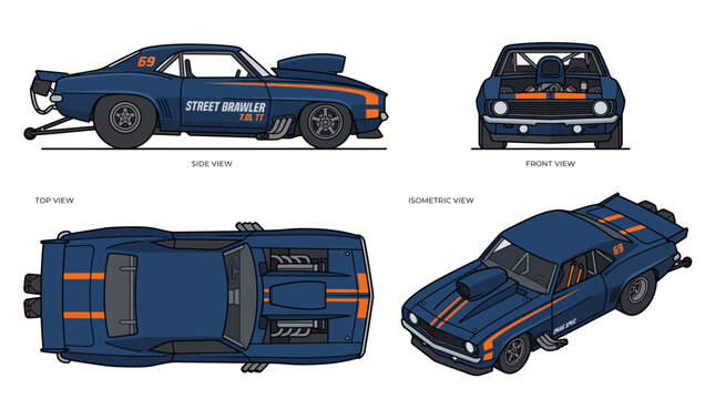 Blue drag racing muscle car blueprint orthographic views.