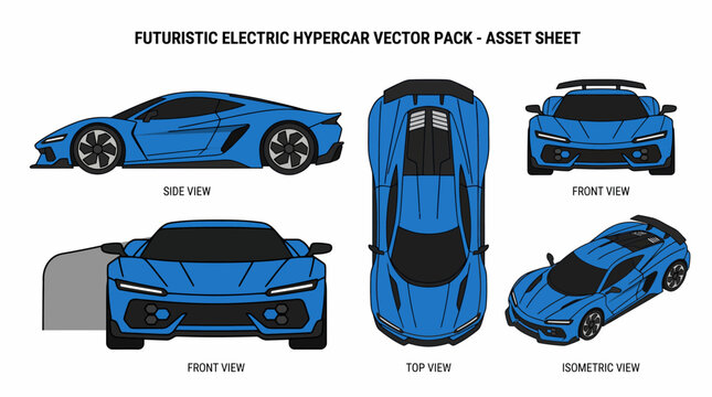 Futuristic Blue Electric Hypercar Vector Asset Sheet.