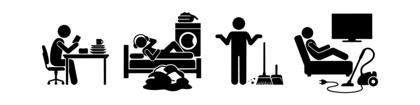 Set of black pictograms depicting people avoiding household chores and procrastinating on tasks like laundry, dishes, sweeping, and vacuuming while relaxing or watching TV.
