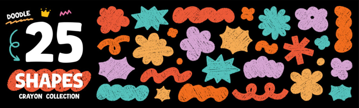 Crayon blob shapes doodle set. Abstract cloud forms and organic groovy figures in sketch style, grunge chalk texture. Hand drawn vector illustration isolated on black background