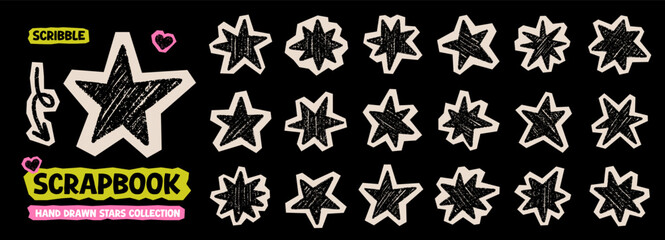 Fototapeta premium Chalk pencil star paper stickers and sparkle scrapbook collage doodle. Crayon cutout twinkle, blink and pastel glitter silhouette in sketch style, Hand drawn illustration isolated on black background