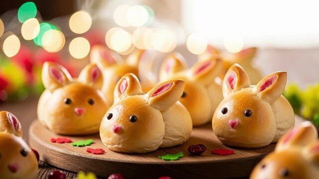 Bunny shaped buns on wooden board surrounded by red berries and green leaves. Easter holiday pastry arrangement. Festive spring baking celebration treat
