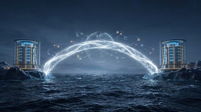Global digital data bridge connecting two server towers over a dark ocean