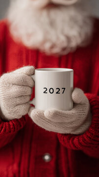 Santa holds white mug with '2027' printed on it. He wears red sweater and knitted gloves. Beard is fluffy and white. Mug suggests holiday countdown or future celebration. Perfect for New Year