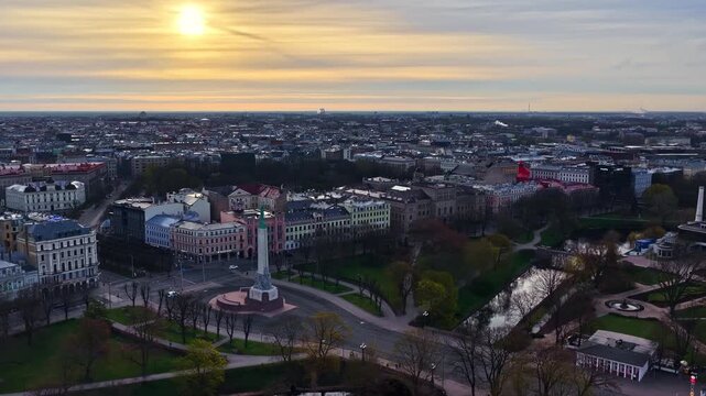 Freedom monument Milda in Riga, Latvia and old town panorama in aerial view