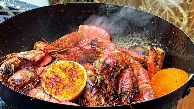 Delicious red prawns with blood orange and herbs steaming in a large black pan for dinner