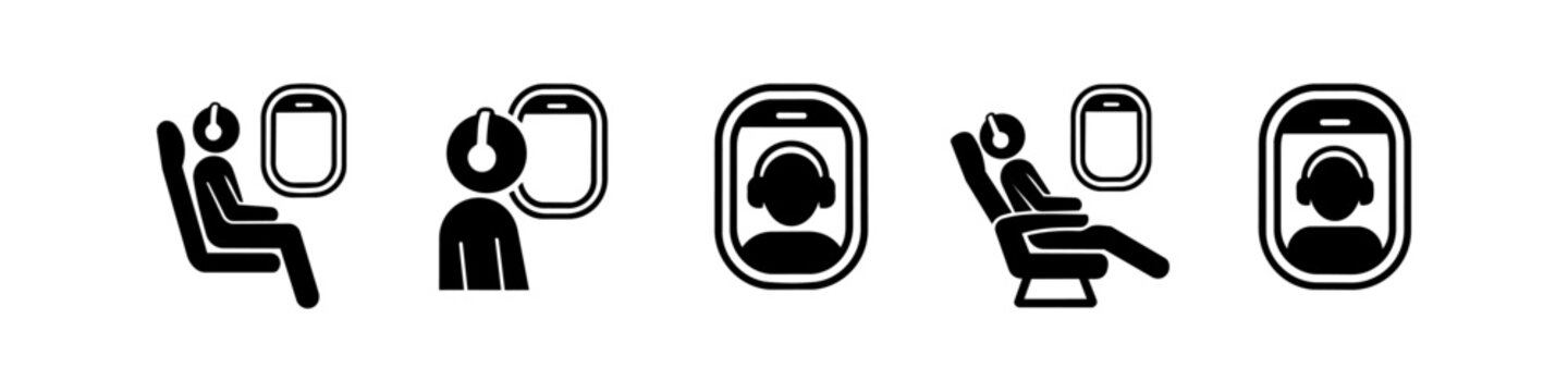 Set of minimalist black airplane passenger icons featuring people with headphones, seats, and cabin windows. Perfect for airline travel, inflight entertainment, and transportation design.
