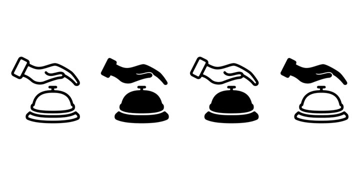 Hotel reception service bell icon set. Call bell symbols for restaurant and reception desk in line and flat vector style.