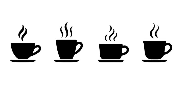 Coffee cup icon set. Hot drink coffee and tea disposable cups collection in flat style. Editable vector illustration on transparent background.