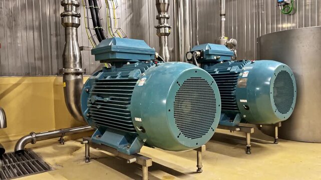 Industrial electric motors and pumps aligned on factory floor in mechanical facility