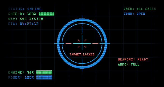 Retro CRT space hud interface with target lock and ship status. Vintage 90s PC monitor style with VHS VCR effect, grid, and telemetry data. Edgy sci-fi UI for starship cockpit or games. Vector CRT