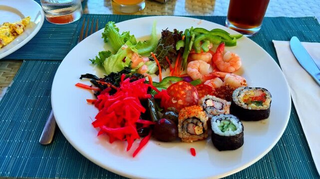 Seafood dish served on plate with vegetables in outdoor restaurant in Mactan Cebu Philippines