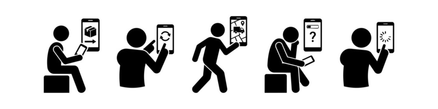 Set of minimalist pictograms showing various interactions with a smartphone, including package tracking, updates, GPS navigation, and waiting for app loading. Black stick figures on white.