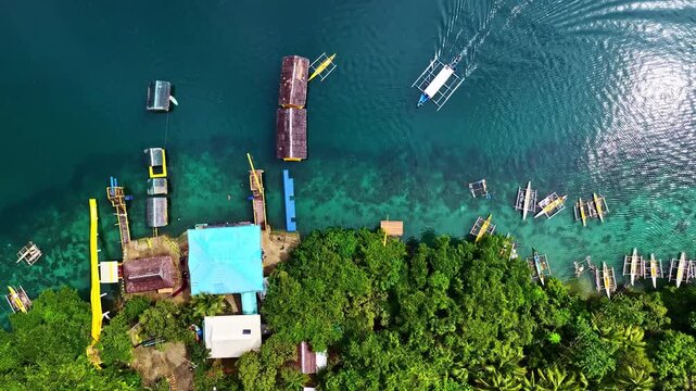 Jellyfish Sanctuary in Sohoton, Philippines - Tropical bay with outrigger boats and green island shoreline