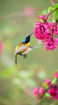 Vibrant Sunbird Feeds on Delicate Pink Flowers in Soft Bokeh Background