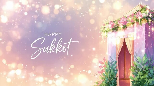 Decorated sukkah booth with flowers and greenery for Sukkot holiday. Happy Sukkot greeting text in English. Pink hued festive illustration of Jewish festival celebration concept