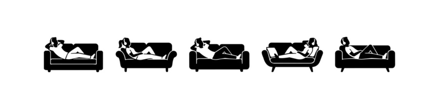 Set of black silhouettes showing people relaxing on sofas while wearing headphones. Minimalist icons of men and women reclining, listening to music, or using a laptop on a couch.