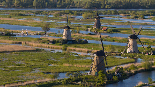 Aerial view of Kinderdijk windmills along water canals surrounded by green fields and reeds under warm sunlight Kinderdijk, South Holland, Netherlands.
