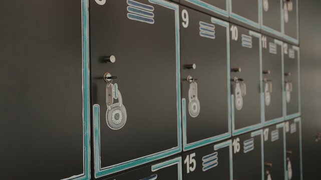 Row of numbered lockers with keys hanging in storage cabinet system