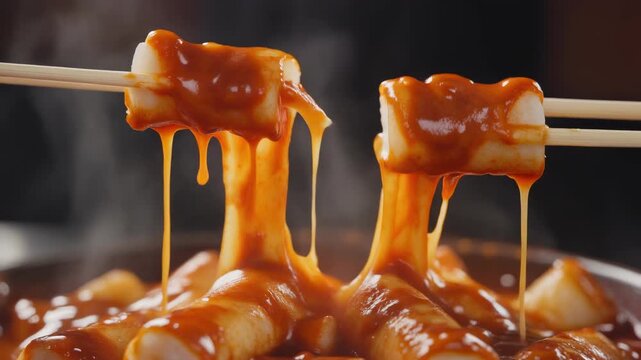 Korean Tteokbokki With Elastic Cheese Stretch and Gochujang Sauce in Cinematic Macro Food Closeup