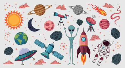Space icons, astronomy symbols, colorful vector set, 25 elements, space exploration graphics © Charlie