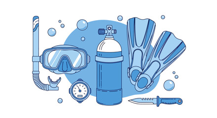 Scuba diving equipment, snorkeling gear, blue illustration, diving tools, ocean accessories © Charlie