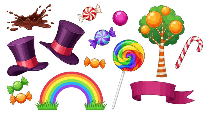 Colorful candy, sweet treats, rainbow icons, whimsical illustrations, vector graphics
