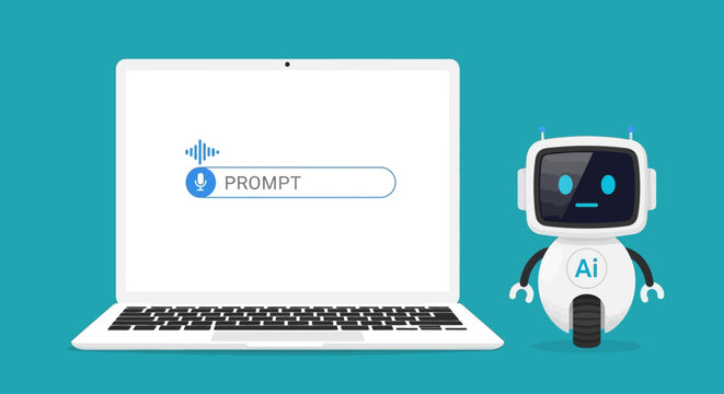 AI robot, laptop, chat bot, artificial intelligence, vector illustration, technology, futuristic, blue background