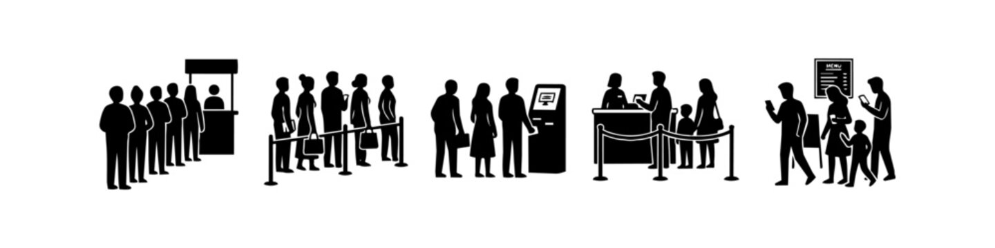 Silhouette set of people waiting in line, queuing for ticket counters, ATM kiosks, and customer service. Vector icons representing social distancing and public service scenarios.