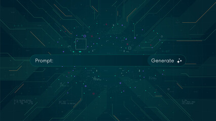 Obraz premium Futuristic artificial intelligence interface with Prompt search bar and generate button on digital cyberspace background, Neural network visualization for machine learning and tech design