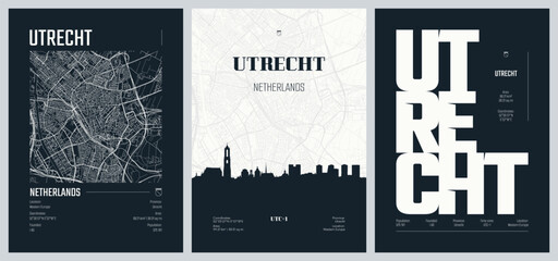 Obraz premium Detailed street plan city map Utrecht is the fourth-largest city of the Netherlands, Vector set of travel posters, Silhouette skyline artwork, kit 2