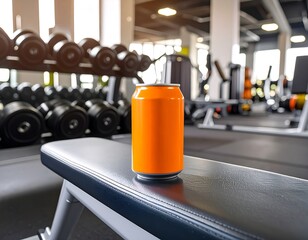 Fototapeta premium An orange beverage can rests on a gym bench with blurred exercise equipment and weights in the background, suggesting workout recovery