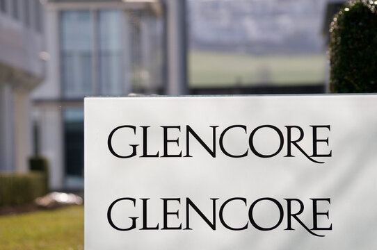 Glencore mining company sign on headquarters in Zug, Switzerland