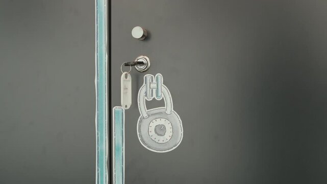 Close up of locker door with key in lock and security symbol illustration