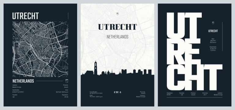 Detailed street plan city map Utrecht is the fourth-largest city of the Netherlands, Vector set of travel posters, Silhouette skyline artwork, kit 2