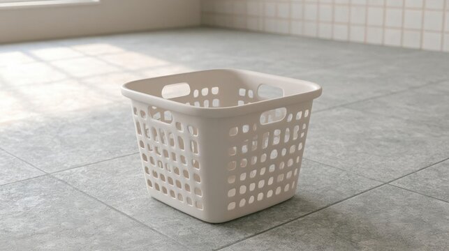 White plastic laundry basket on a tiled floor. the basket is empty and has multiple holes on its surface. it appears to be made of plastic and has a handle on the top for easy carrying.