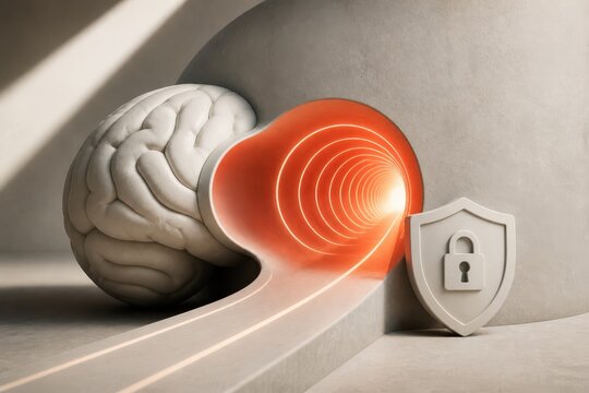 Protected mind concept with glowing brain tunnel and shield lock symbolizing privacy trust and inner security