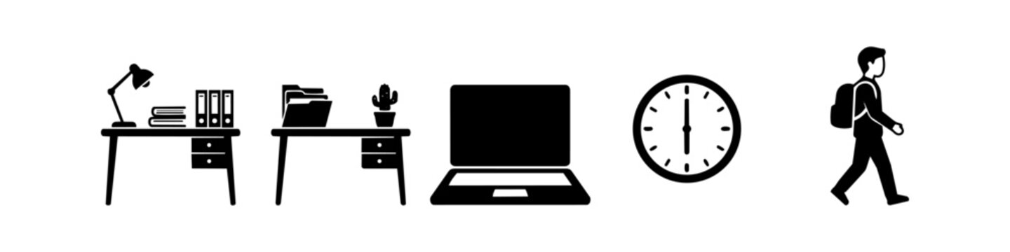 Minimalist black silhouette icons set depicting a daily work routine with office desks, a laptop, a clock showing 6:00, and a person with a backpack leaving. Clean flat vector design.