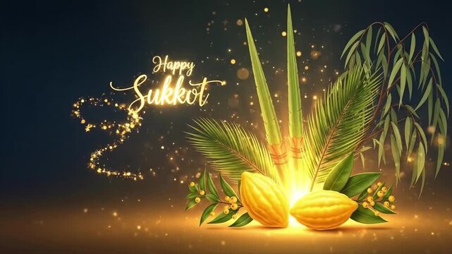 Festive Sukkot greeting with lush palm fronds and golden etrog citrons. Jewish holiday symbols illustration featuring sparkling lights and autumn foliage. Traditional celebration design for holiday