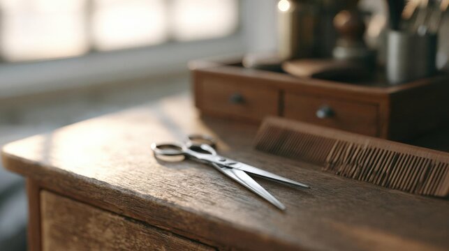 Wooden table with a pair of scissors and a comb on it. the table appears to be in a room with a window in the background. the scissors are silver and have a curved handle.