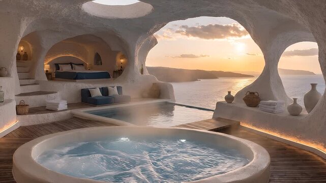 Luxury Santorini White Cave Villa Interior Jacuzzi Hot Tub Plunge Pool Teal Cushions Bedroom Ocean Sunset View Wooden Deck Ceramic Vases Warm Niche Lighting Spa Architecture