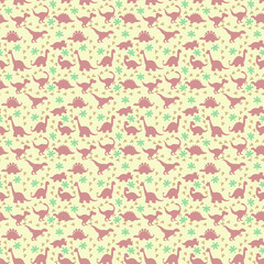 Cute seamless vector pattern with pink dinosaur silhouettes, green palm leaves, and footprints on a pale yellow background. Ideal for nursery textiles, wallpaper, and kids' gift wrap © John_Doo78
